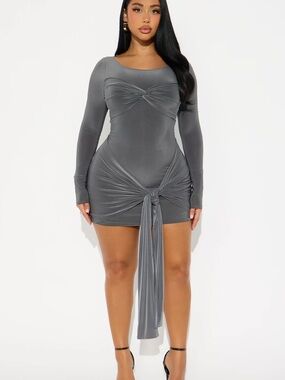 Fashion Nova Gray Long-Sleeve Knot-Front Mini Dress